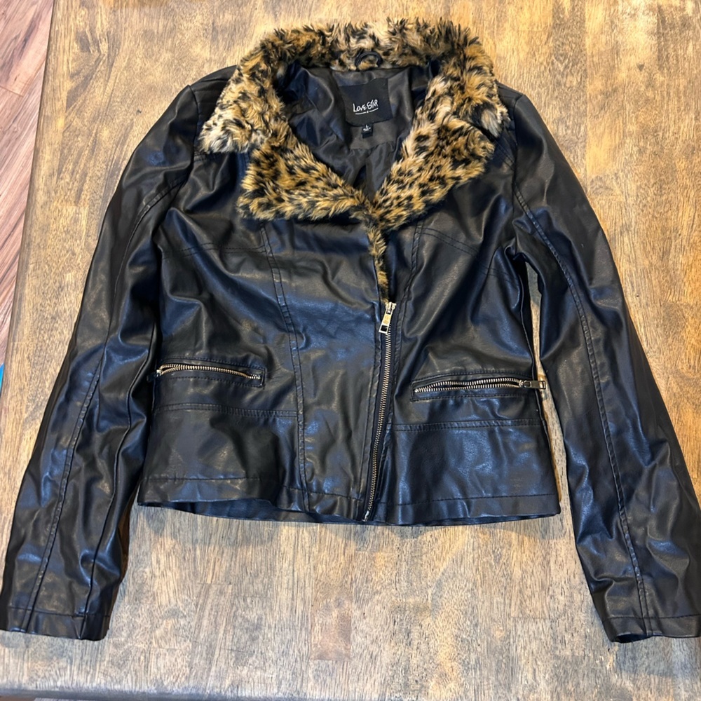 Love Star Black Faux Leather Jacket w/ Faux Fur Collar Leopard Size Large